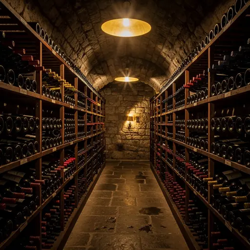 Elegant editorial photo of a traditional wine cellar with wooden racks filled with wine bottles, warm ambient lighting, soft shadows, rustic stone walls, refined and authentic atmosphere, high resolution, realistic, no text
