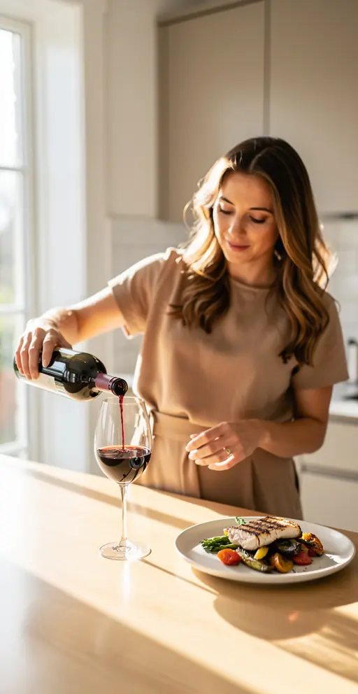 Editorial lifestyle photo of a woman in a modern bright kitchen pouring red wine into a glass next to a simple meal, soft natural window light, clean minimalist decor, warm neutral tones, realistic, high resolution, no text
