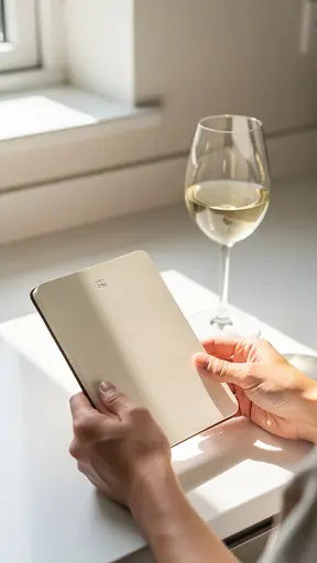 Close-up editorial photo of hands holding a tasting notebook next to a wine glass on a bright kitchen counter, soft natural light, minimal composition, shallow depth of field, realistic, high resolution, no text
