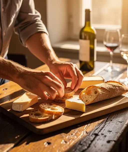 Warm editorial lifestyle photo of a wine guide preparing a simple tasting board with cheese and bread on a wooden table, natural golden light from a window, close-up hands in action, cozy authentic French atmosphere, realistic, high resolution, no text

