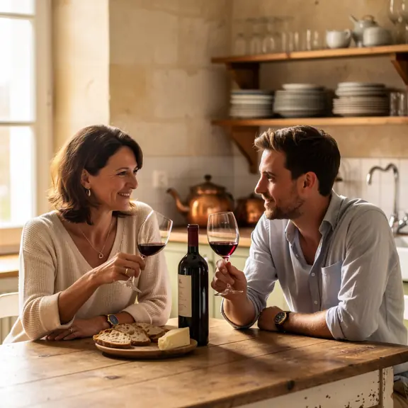 Warm lifestyle editorial photo of a mother and young adult son sharing a wine tasting moment in a cozy kitchen, natural light, simple wooden table, bottle and glasses visible, authentic French atmosphere, realistic, high resolution, no text
