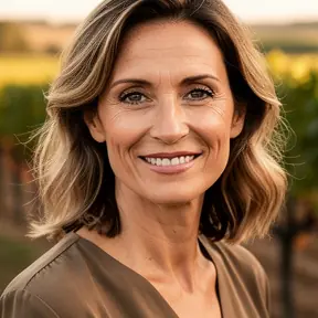 Close-up portrait of a French woman in her 40s, confident warm smile, soft natural light, subtle background with vineyard tones, editorial lifestyle photography, realistic, high resolution
