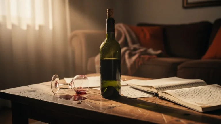 Bouteille de vin au bouchon gonflé sur table en bois, vin altéré après 3 mois à 22°C dans un salon