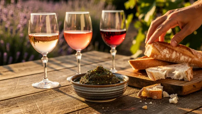 Anchoïade maison et trois rosés différents dégustés ensemble sur une table en bois rustique