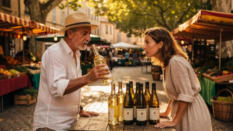 Vigneron au marché d'Aix expliquant un vermentino mal embouteillé à un visiteur attentif