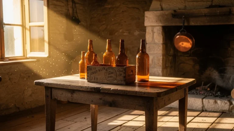 Caisse de Bandol 2018 oubliée au soleil avec bouteilles renversées dans une cuisine rustique ensoleillée