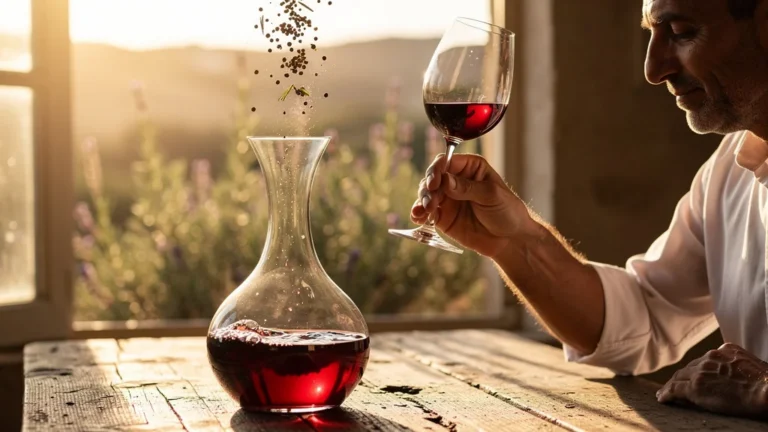 Dégustation d'un mourvèdre jeune de Bandol après une heure de carafage, révélant garrigue et poivre noir