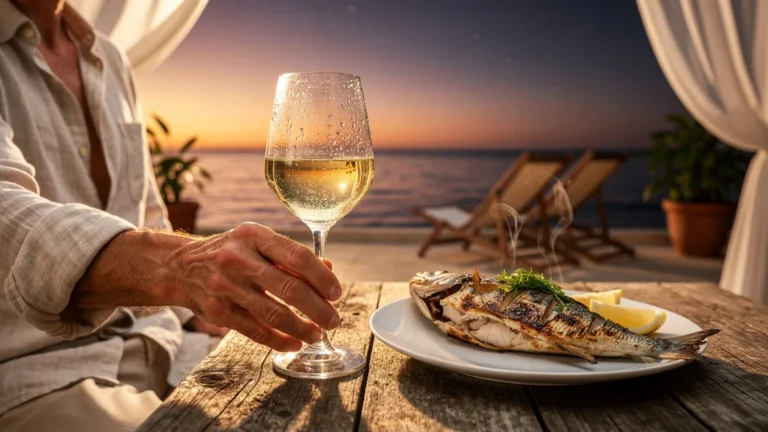 Cassis blanc servi avec un plat de poisson en soirée, ambiance apéro au bord de la mer