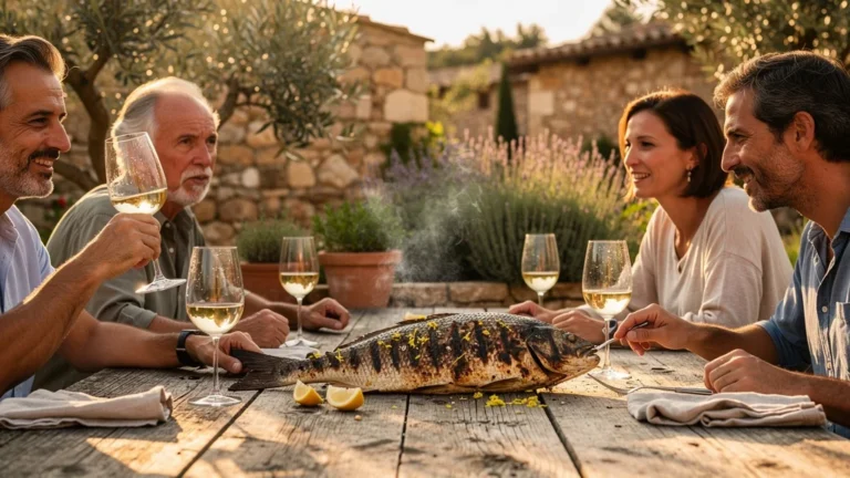 Dégustation entre amis de cinq vermentinos à 8°C avec un poisson grillé en extérieur