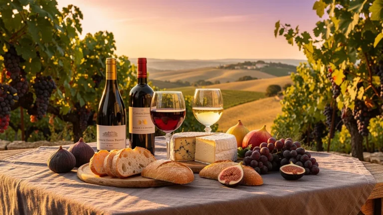 Table provençale avec vin rouge et blanc Côteaux d’Aix-en-Provence pour un repas du dimanche