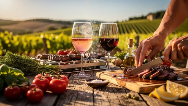 Barbecue d'été avec rosé et rouge Coteaux Varois changés par la chaleur en Provence