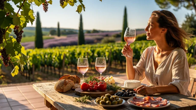Repas d'été en Provence avec vin rosé Côteaux Varois sur terrasse face aux vignobles ensoleillés