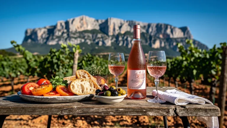 Déjeuner d'été en Côtes de Provence Sainte-Victoire avec bouteille de rosé La Londe fraîche sur table rustique