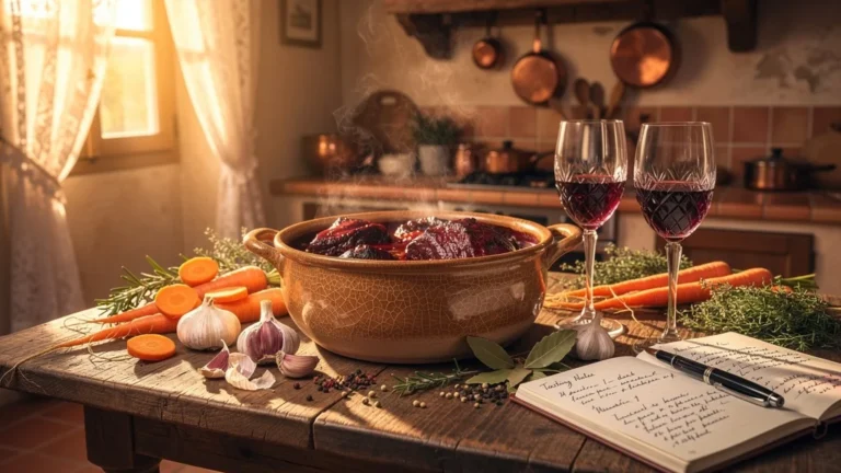 Daube provençale aux deux mourvèdres avec notes de dégustation côte à côte en cuisine rustique