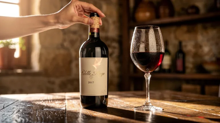 Photo réaliste d'une bouteille de palette rouge 2017 ouverte avec un verre de vin après 2 heures d'aération