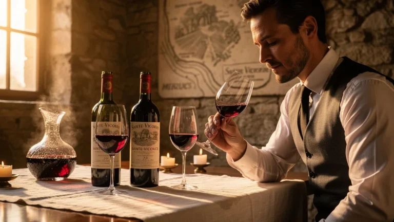 Comparaison photoréaliste de deux millésimes de vin rouge Sainte-Victoire sur trois soirées avec aération et arômes