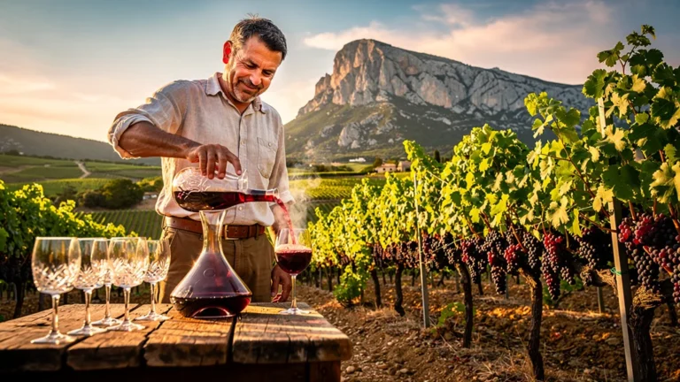 Vigneron de la Sainte-Victoire carafant un vin rouge jeune dans un vignoble ensoleillé