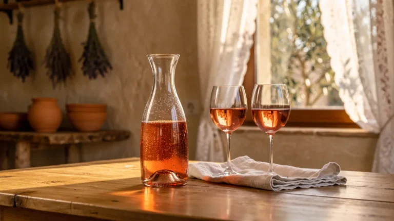 Carafe de rosé Côtes de Provence frais après 48h, ambiance provençale lumineuse et détaillée