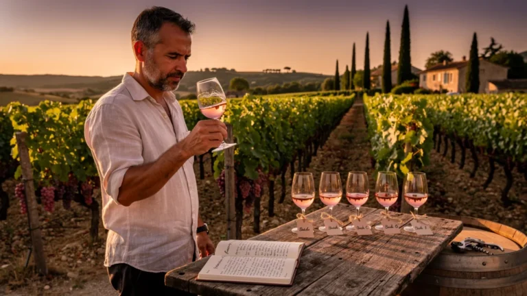 Sommelier dégustant des rosés de Provence dans un vignoble ensoleillé, cherchant pourquoi ils semblent plats