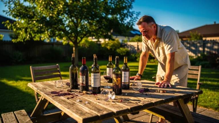 Bouteilles de vin abîmées par deux heures au soleil lors d'une dégustation ratée chez un ami