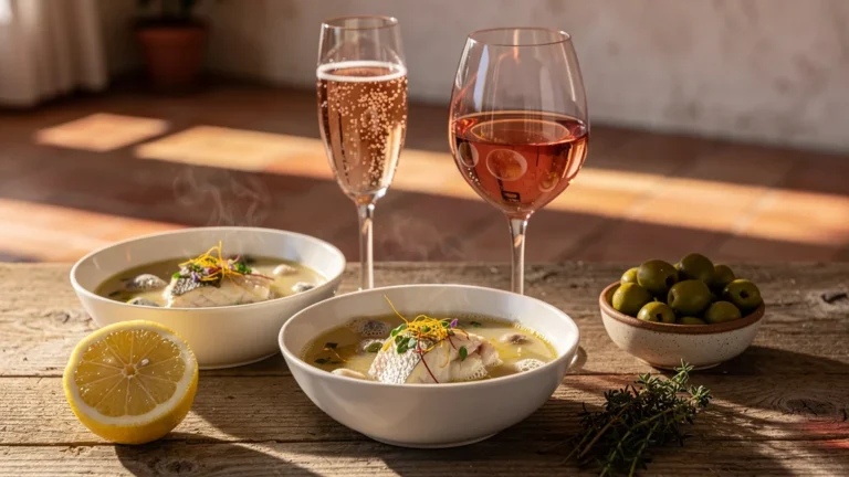 Accord rosé de Cassis et bourride présenté dans deux verres au design très différent sur table rustique