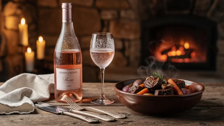 Bouteille de rosé 2020 glacé servie avec un bœuf bourguignon d'hiver corsé sur table rustique
