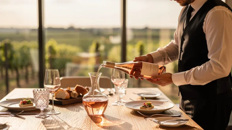 Décantation d'un rosé gastro en restaurant gastronomique pour révéler ses arômes subtils