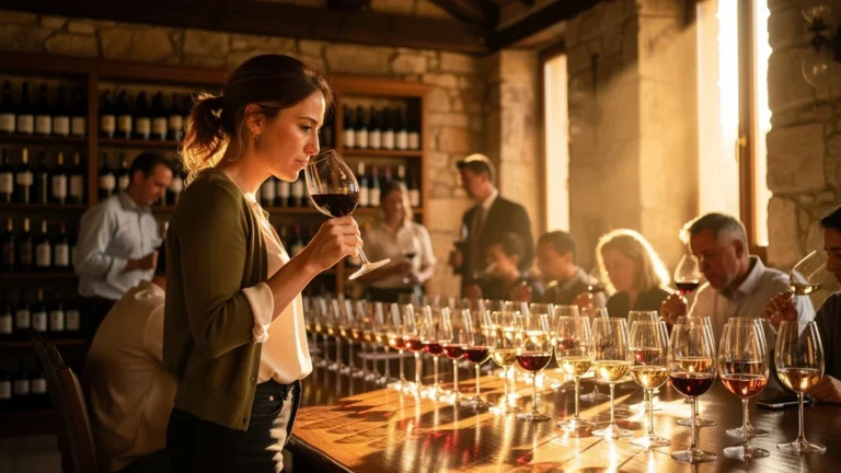 Femme découvrant les cépages lors d'une dégustation à l'aveugle en atelier de vin