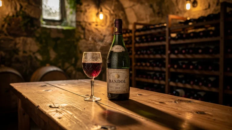 Bouteille de Bandol 2015 en cave rustique, révélant sa garde exceptionnelle au-delà de deux ans