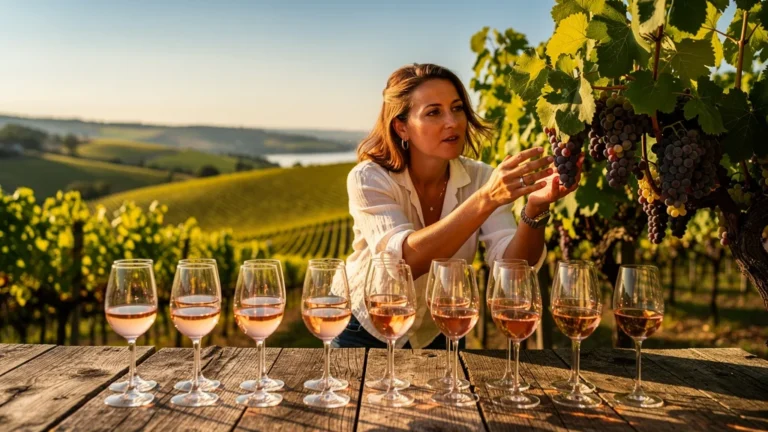 Femme découvrant la diversité des rosés clairs dans un vignoble au coucher du soleil