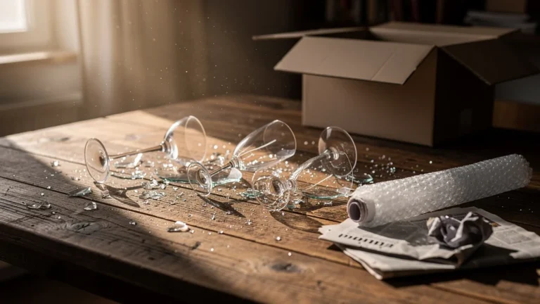 Verres INAO cassés lors d'un déménagement faute d'emballage adapté, éclats de verre sur table en bois