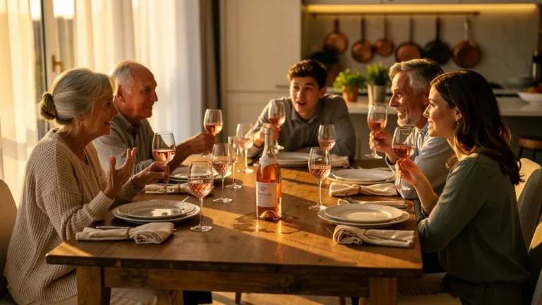Dîner familial élégant autour du rosé de gastronomie et rosé de soif, ambiance chaleureuse et lumière dorée