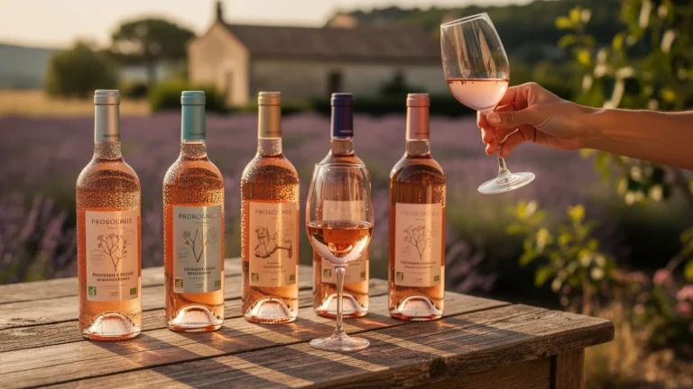 Dégustation de rosés bio provençaux à moins de 12€ sur une table rustique au soleil couchant