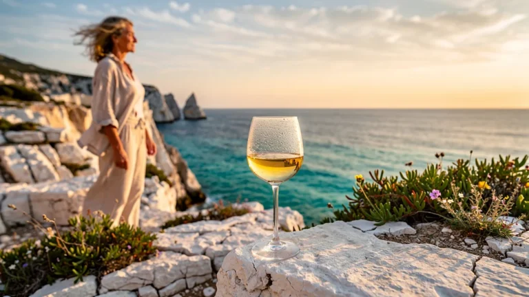 Vue réaliste des Calanques avec verre de Cassis blanc sans glaçon au coucher du soleil