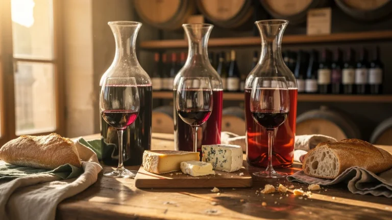 Comparaison photographique hyper-réaliste de trois Mourvèdre de Bandol ouverts en carafe sur 72 heures