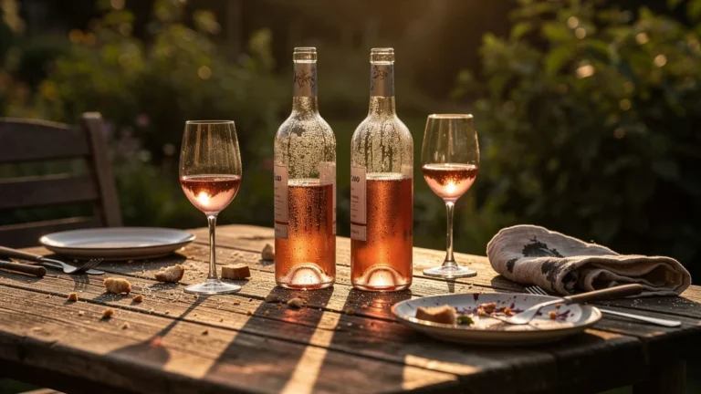Trois bouteilles de rosé ouvertes sur une table en bois lors d'un dîner d'été sous une forte chaleur