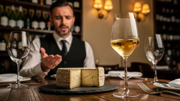 Accord raté blanc de Cassis jeune et fromage affiné sur table de restaurant gastronomique