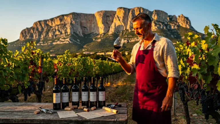 Caviste d'Aix dégustant les rouges des Baux face à la Sainte-Victoire au coucher du soleil
