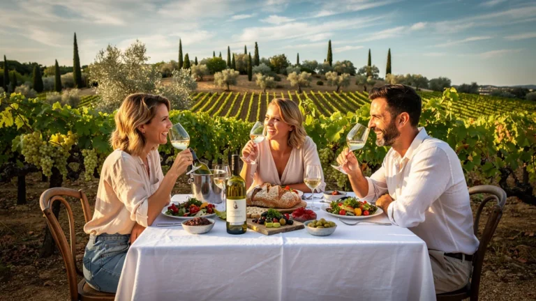 Déjeuner en Coteaux d'Aix révélant la qualité des vins blancs locaux dans un cadre provençal ensoleillé