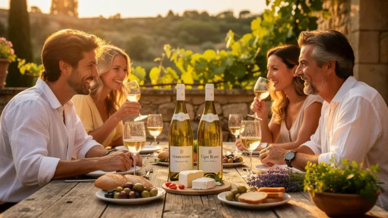 Apéro entre amis en Provence avec Vermentino et Ugni blanc, dégustation à température idéale sur terrasse ensoleillée