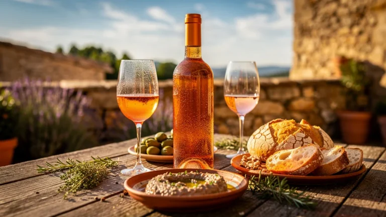 Vin orange artisanal ou rosé sur anchoïade provençale en verre lumineux au soleil d’été