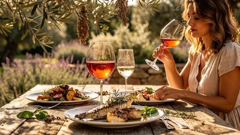 Comparaison photo hyper-réaliste vin orange provençal et vin blanc classique avec repas aux herbes méditerranéennes