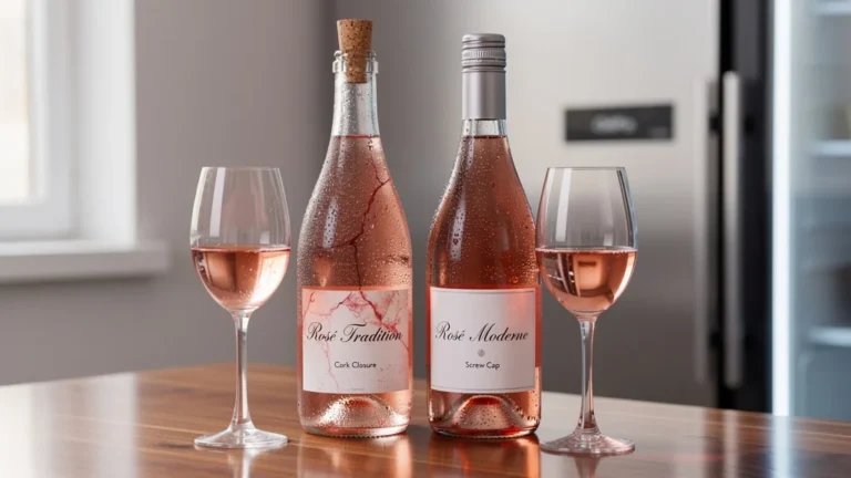 Comparaison rosé bouché liège et capsule à vis après une semaine au frigo, révélant leurs différences