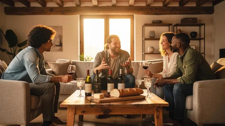 Accueil chaleureux entre amis novices pour expliquer les cépages autour d’une dégustation conviviale