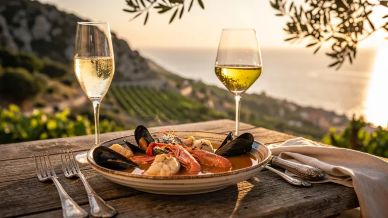 Bouillabaisse traditionnelle accompagnée de Cassis blanc et Blanc de Bandol sur terrasse en bord de mer