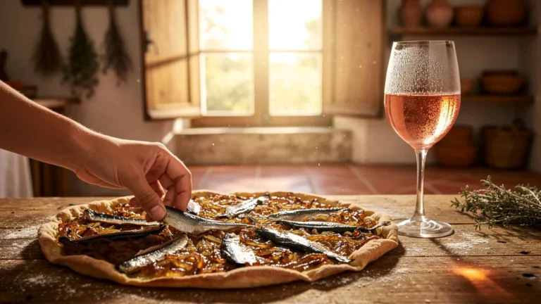 Pissaladière provençale avec oignons caramélisés, anchois et verre de rosé, ambiance cuisine méditerranéenne authentique