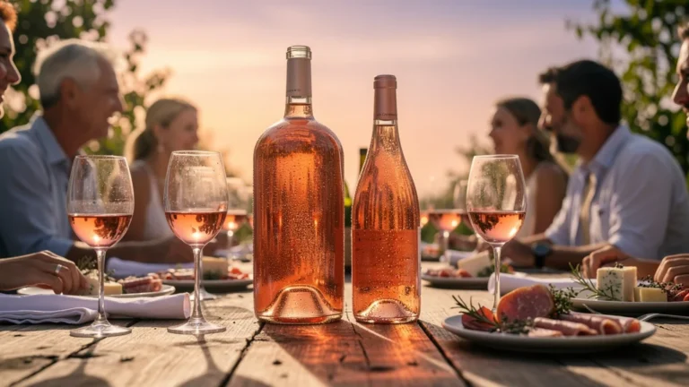 Comparaison rosé magnum et bouteille sur table de dégustation à deux températures froides