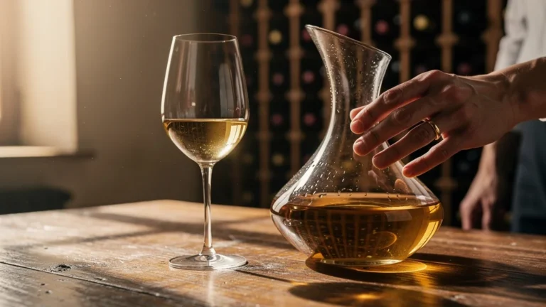 Photographie réaliste d’un Bandol blanc évoluant en carafe après ouverture, ambiance élégante et lumineuse