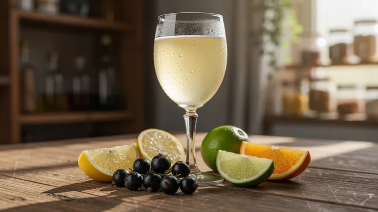Verre de blanc de cassis trop froid masquant le parfum d’agrume intense, ambiance lumineuse et naturelle