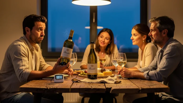 Dîner entre amis avec bouteille de Bandol blanc servie trop froide, ambiance chaleureuse et regret subtil